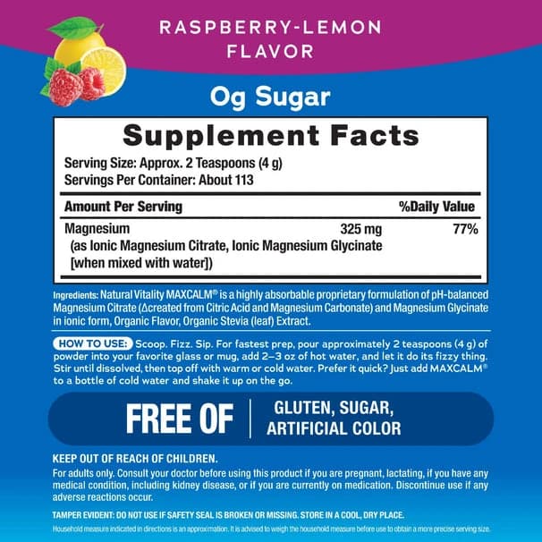 Supplement Facts de MaxCalm polvo